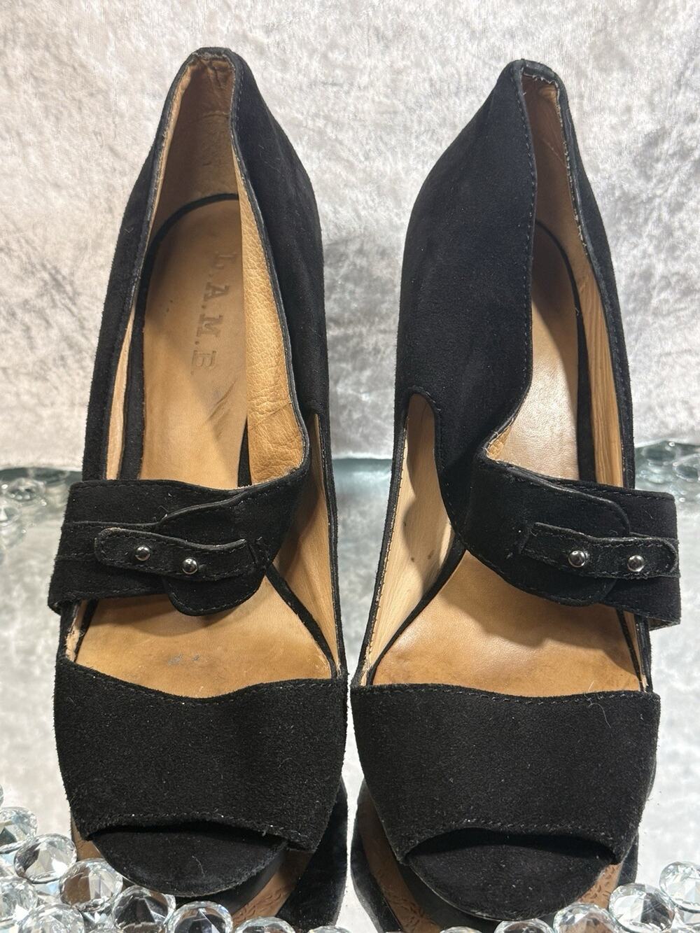 L.A.M.B. Gwen Stefani Black Suede Leather Peep Toe Strap High Stiletto Heels 8M